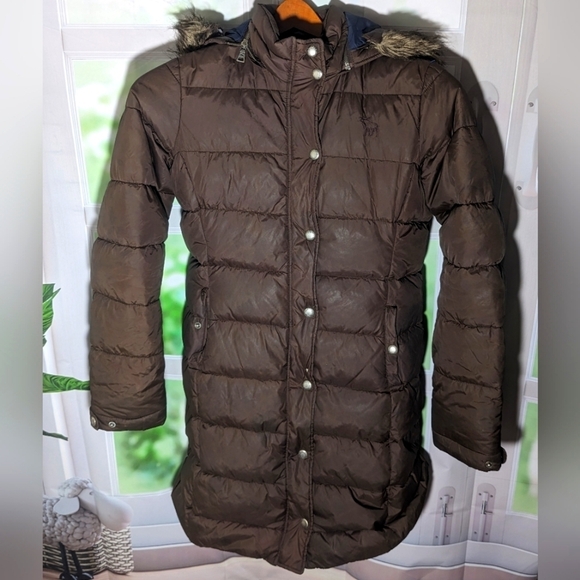 Abercrombie And Fitch Parka Jacket Womens M Long Brown Coat / Hood Down Feathers - Picture 1 of 10